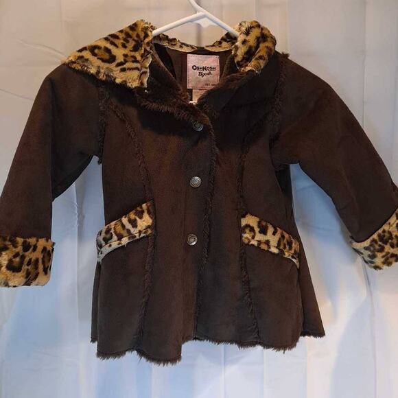 OshKosh B'gosh Girls Basic Coat Brown Leopard Hooded Mid-Length Long Sleeve 4 - Picture 1 of 10